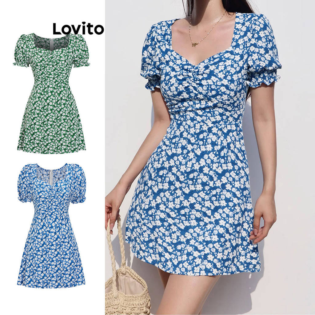 Lovito Vestido Casual Ditsy Floral Plissado Manga Bufante Para Mulheres L62ED140 (Multicolorido) - Women Clothes