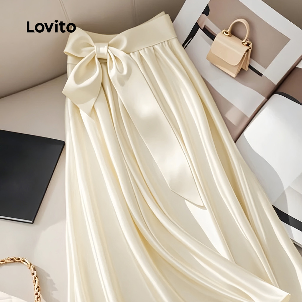 (Trendy) Lovito Saia Elegante Com Laço Liso E Renda Para Mulheres L132ED038 em Oferta na Shopee