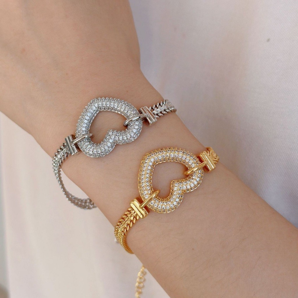 Pulseira de elos gourmet e coração com zircônias Semi Joia Ouro 18k e Prata 925 em Oferta na Shopee