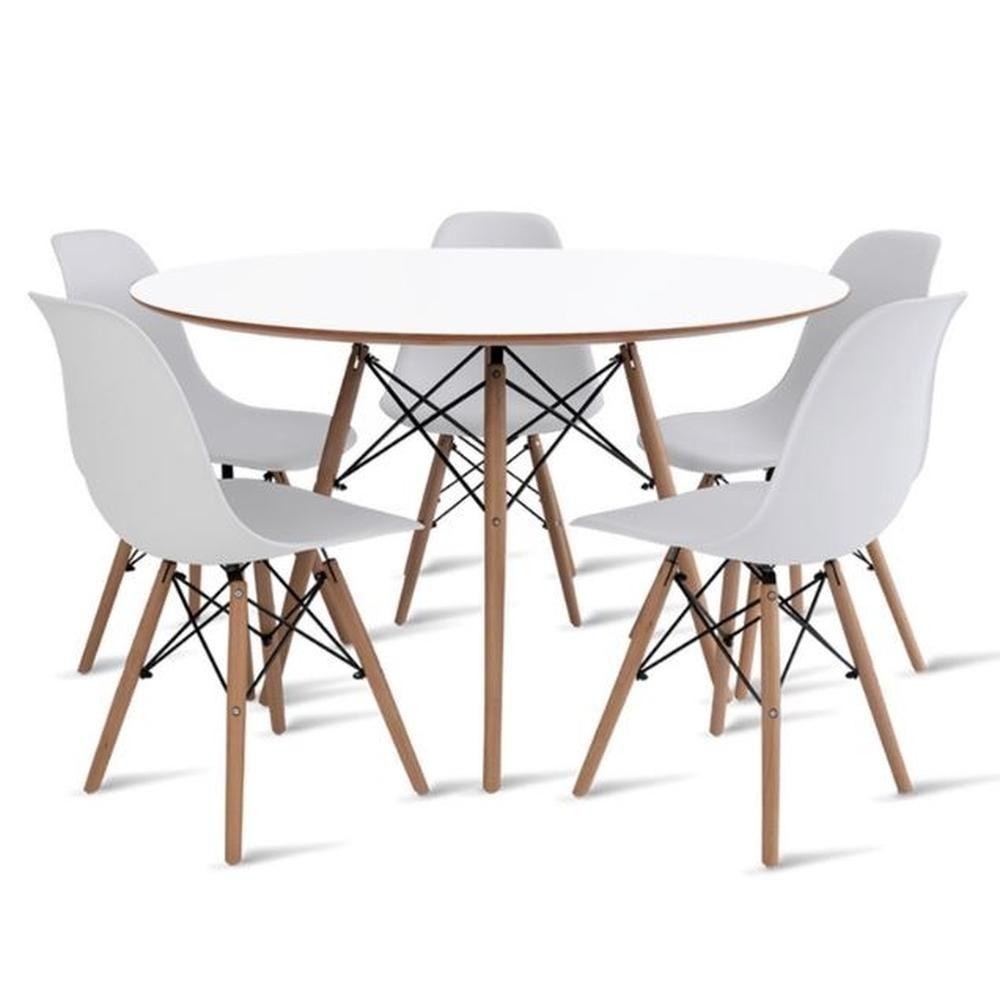 Conjunto De Mesa De Jantar Eames Eiffel Redonda 120cm Tampo De Madeira Branco Com 5 Cadeiras Brancas em Oferta na Shopee