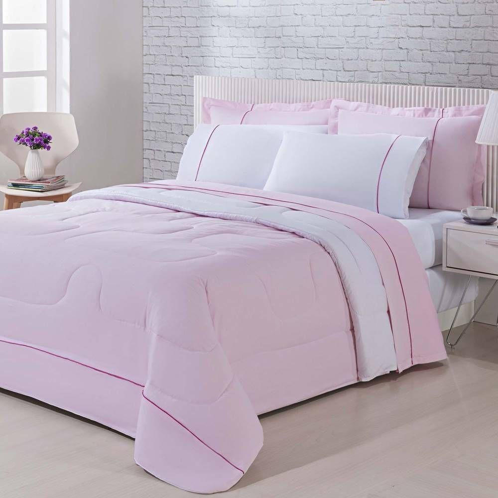 Kit Edredom 100% Algodão Percal 150 Fios Dupla Face King + Jogo De Cama Gran Moratta 7 Peças - Branco- Rosa - Home & Living