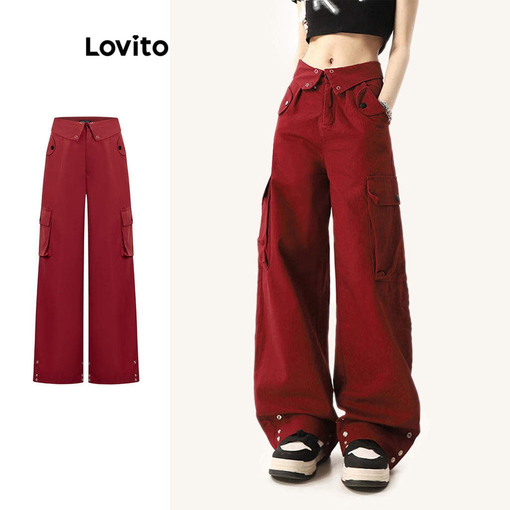 Lovito Calças Casuais Botão De Bolso Liso Nova Calça Estilo Chinês Para Mulheres L110AD1299 - Women Clothes