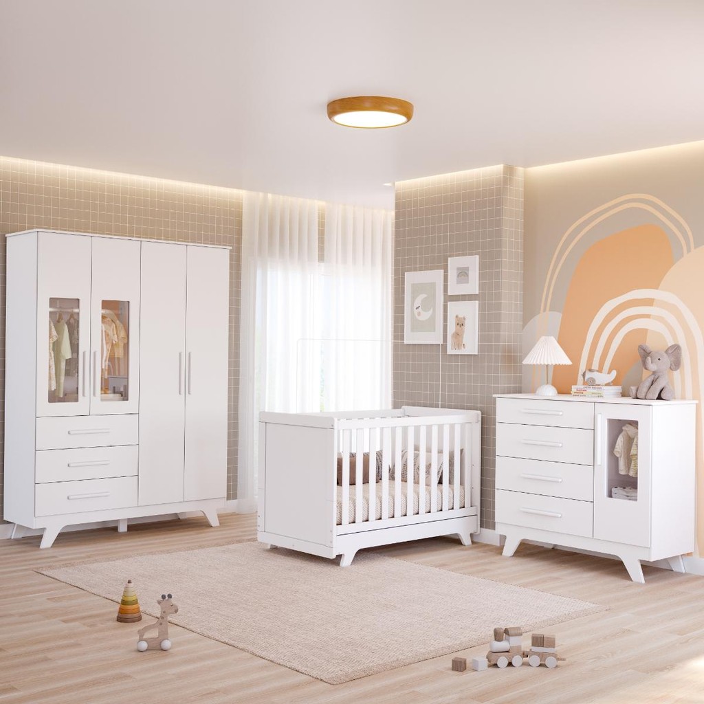 Quarto Bebê Retrô Janelado Completo 100% MDF Guarda Roupa 4 Portas Berço Mini Cama Cômoda - Mom & Baby