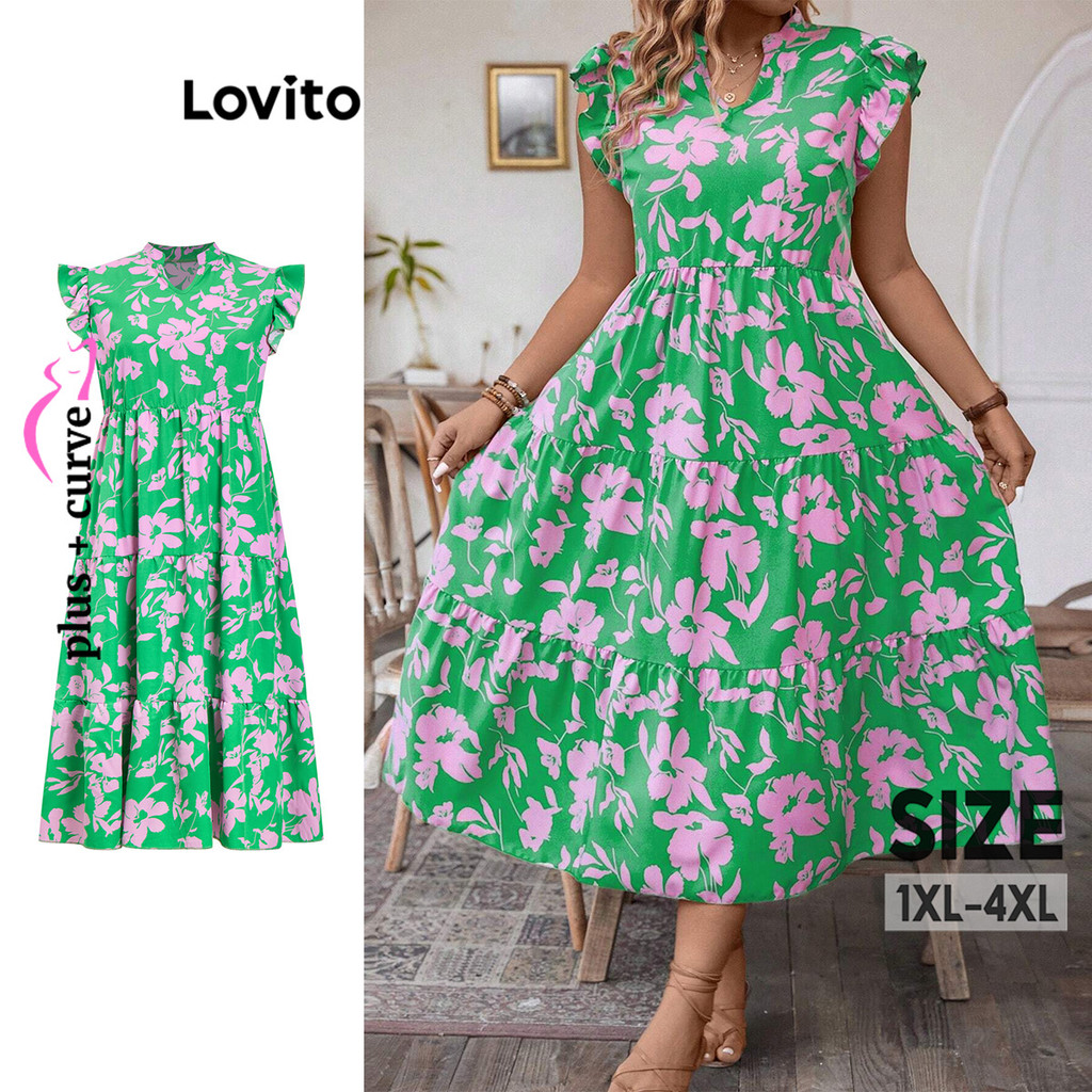 Lovito Vestido Plus Size Curvo Casual Floral Flores para Mulheres LBL17322 - Women Clothes