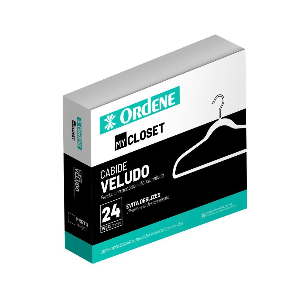 Cabide de Veludo Preto 42cm My Closet Ordene 24 Unidades