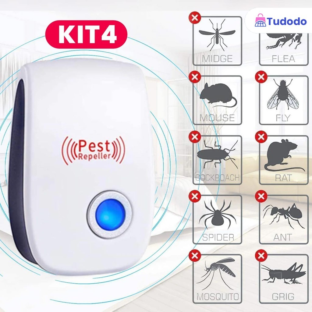 KIT 4 Repelente Eletrônico Ultrassônico Mosca Pernilongos Baratas Morcegos repele e Espant...