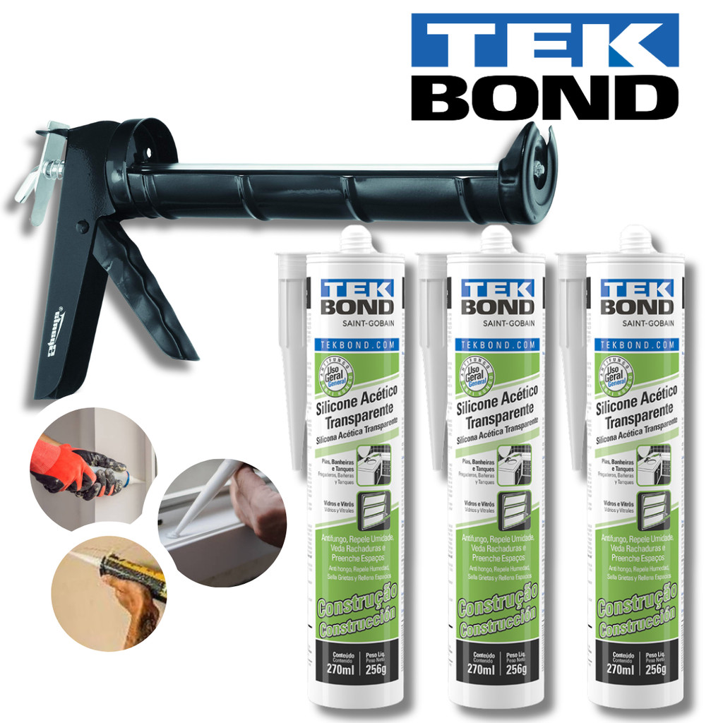 Silicone TekBond Incolor Acético Kit C/Pistola Aplicador de Silicone para Placa 3D Artesanato Veda em Oferta na Shopee