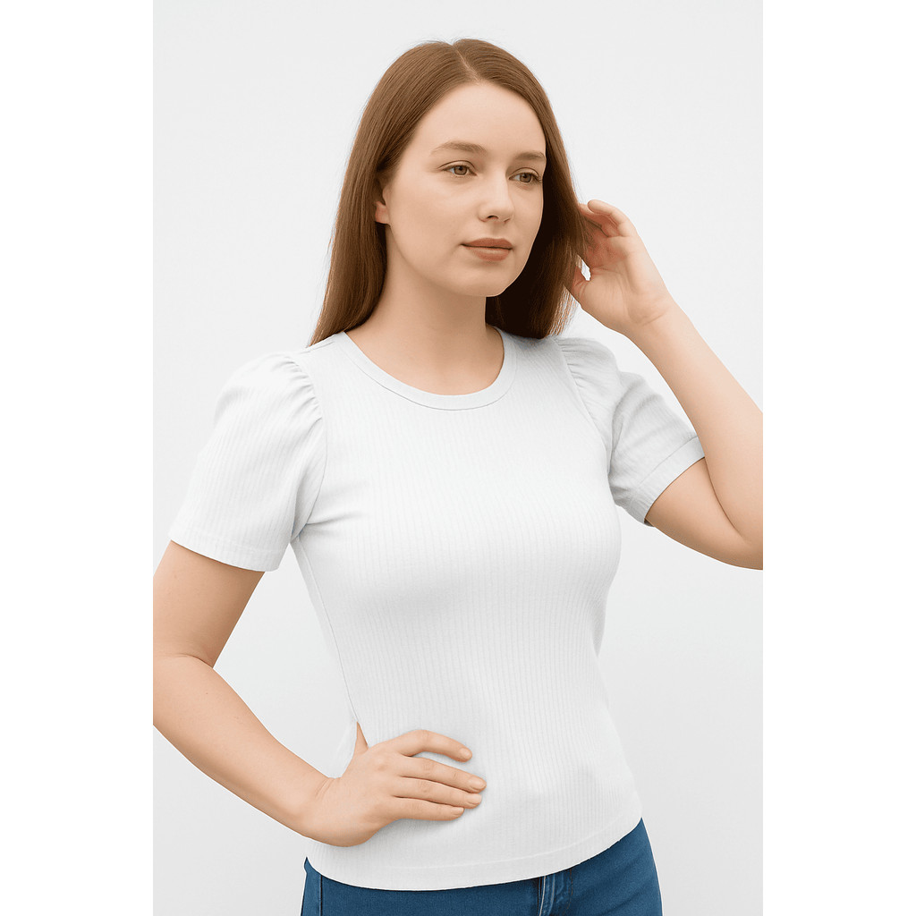 Blusa feminina canelada lisa manga curta bufante princesa blogueira