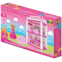 SALA DE TV E BIBLIOTECA DA PRINCESA GGB BRINQUEDOS 56 PEÇAS CÔMODO CASINHA MENINA 8 MÓVEIS BONECA