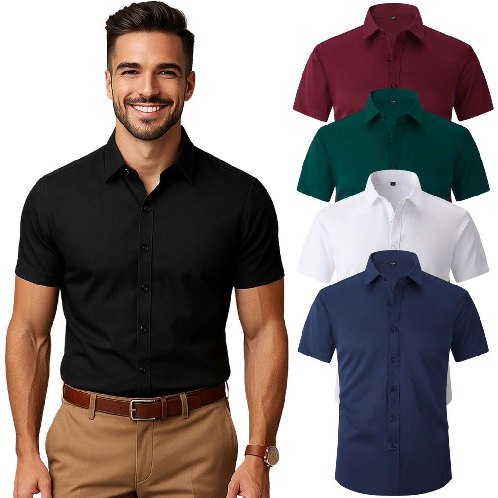 Camisa Social Masculina Slim Fit com Elastano – Manga Curta e Sem Amassados em Oferta na Shopee