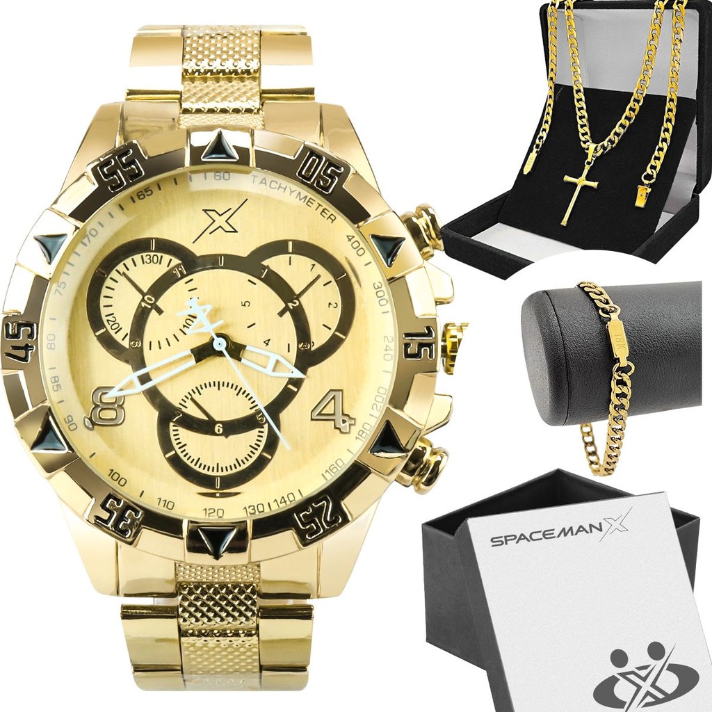 Relogio Masculino Aço Dourado + Cordão + Pulseira + Caixa pesado analogico original social casual