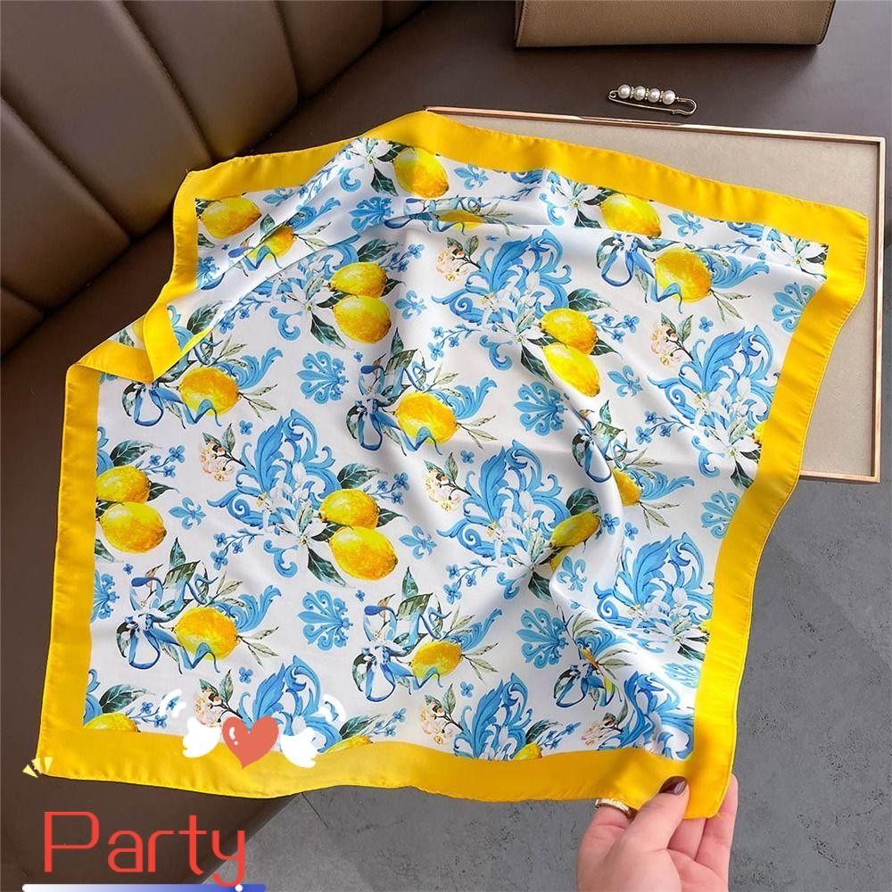 Lenço De Pescoço Amarelo Para Festa , Seda Quadrado Elegante Com Estampa De Limão , Xale De Primavera Verão 70x70cm Mulh