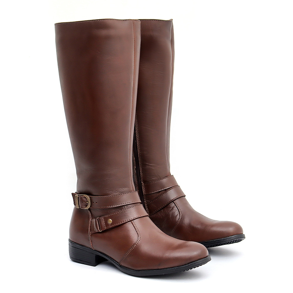 Bota Feminina Montaria Em Couro Cano Longo Sola Baixa Detalhe Fivela Marrom - Disponível também no Preto - Alto Inverno