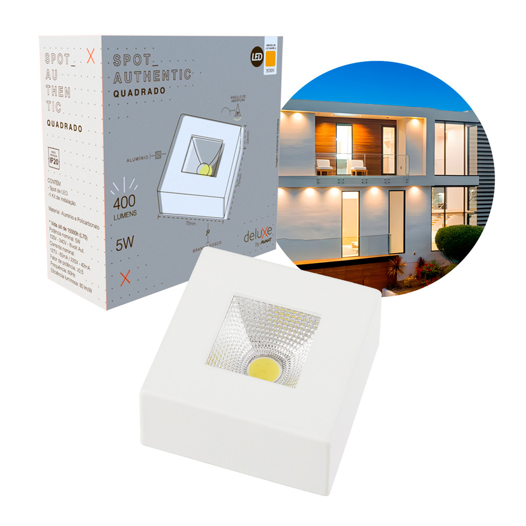 Spot Led Authentic Beiral de teto 5w 3000k Branco Quente 7.5cm Bivolt Quadrado Branco Cod: 907000572 Deluxe By Avant