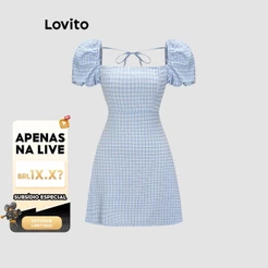 Live Hosts' pick Lovito Férias Vestido de Gola Quadrada com Bufantes e Estampa de Xadrez para Mulheres L55AD100 (Azul)