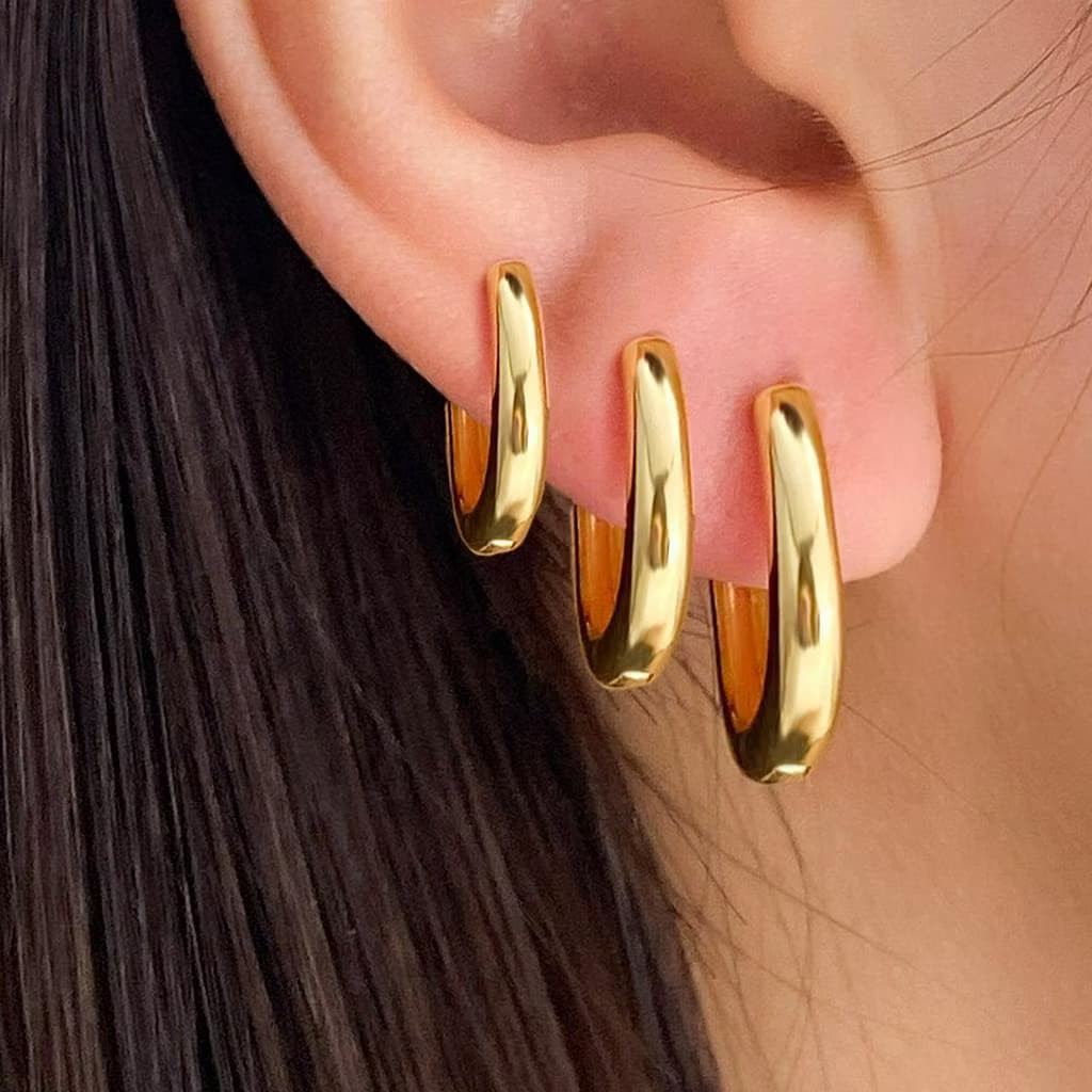 Conjunto de três brincos de argola femininos banhados a ouro 18K e prata 925