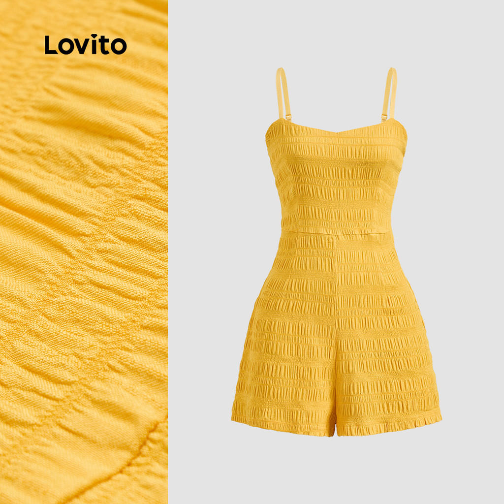 Lovito Macacão Casual liso plissado com alça de ombro ajustável para mulheres L129ED670 em Oferta na Shopee