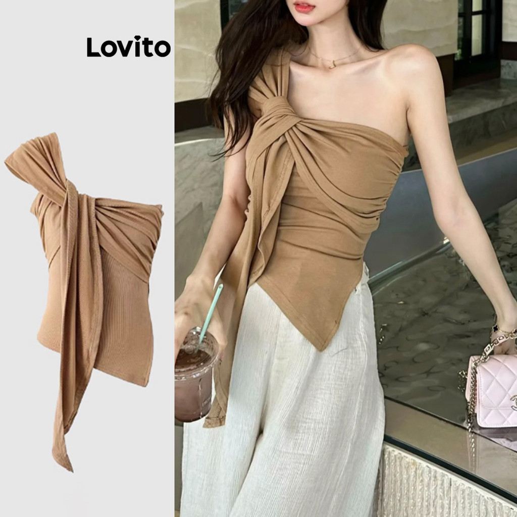 Lovito Regata Elegante Lisa Plissada Sem Costas Assimétrica Regata Para Mulheres LNE70696 em Oferta na Shopee