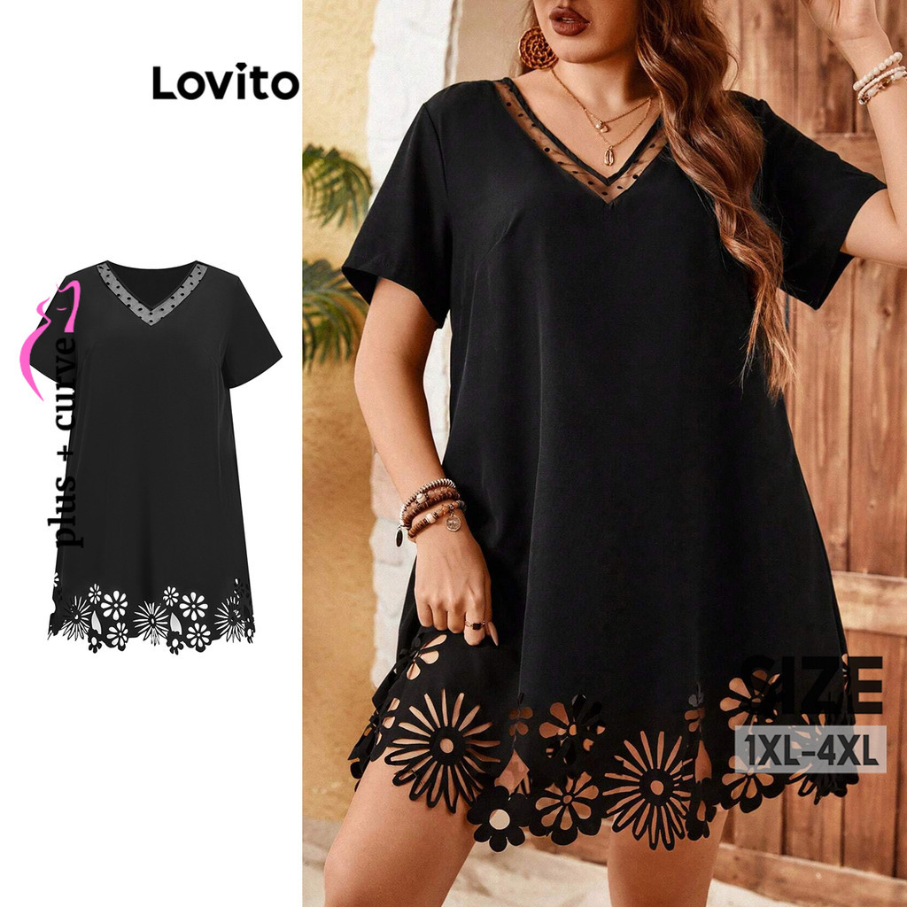 Lovito Vestido plus size elegante de malha lisa e contrastante para mulheres LBL15160 - Women Clothes