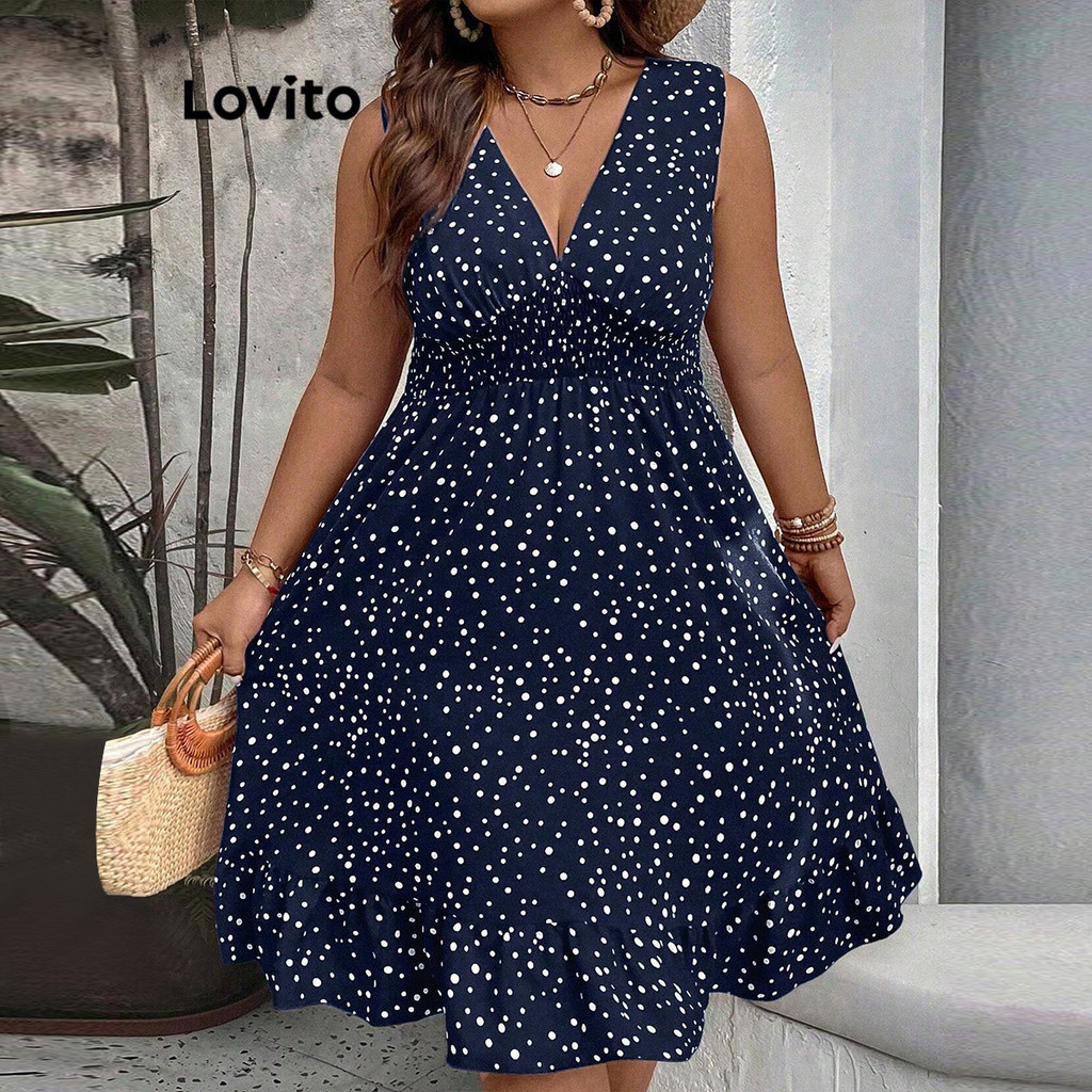 Lovito Vestido feminino Casual curva Plus Size com bolinhas e babados LBL19572 - Women Clothes