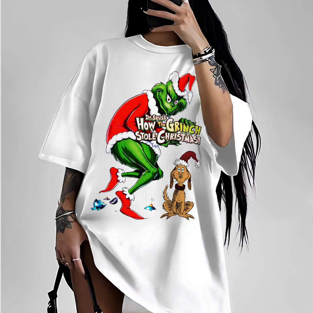 [Camiseta Premium em Algodão Puro]SISI Camiseta Oversized Natal The Grinch Chrtimas Dont Be A Grinch Cartoon Filme Natal