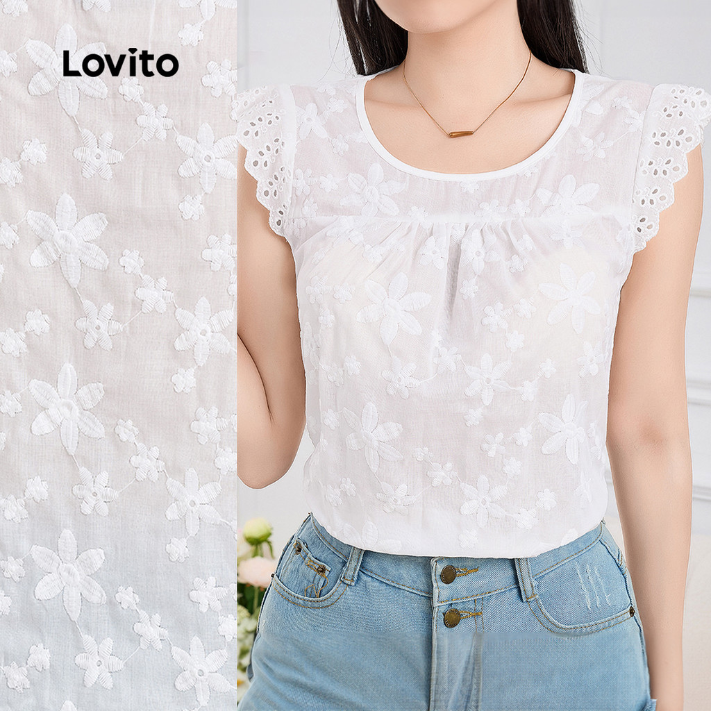 Lovito Blusa Boho com Bordado de Ilhós Primavera/verão Blusa Branca para Mulheres L164ED301 em Oferta na Shopee
