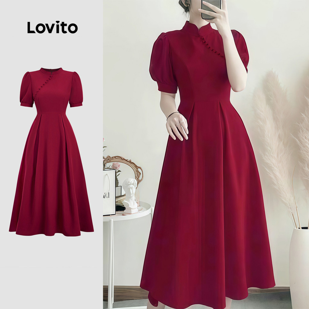 Lovito Vestido Claret Feminino Primavera/verão com Bainha Babado e Botões Casual L165ED684