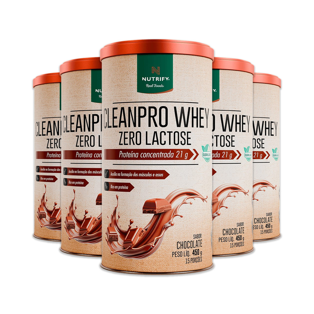 Kit 5 CleanPro Whey Chocolate Sem Lactose Nutrify 450g