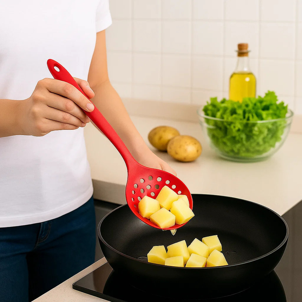 Escumadeira de Silicone Vermelha Pegador de Batata Frita Profissional 33cm Antiaderente Utensílio