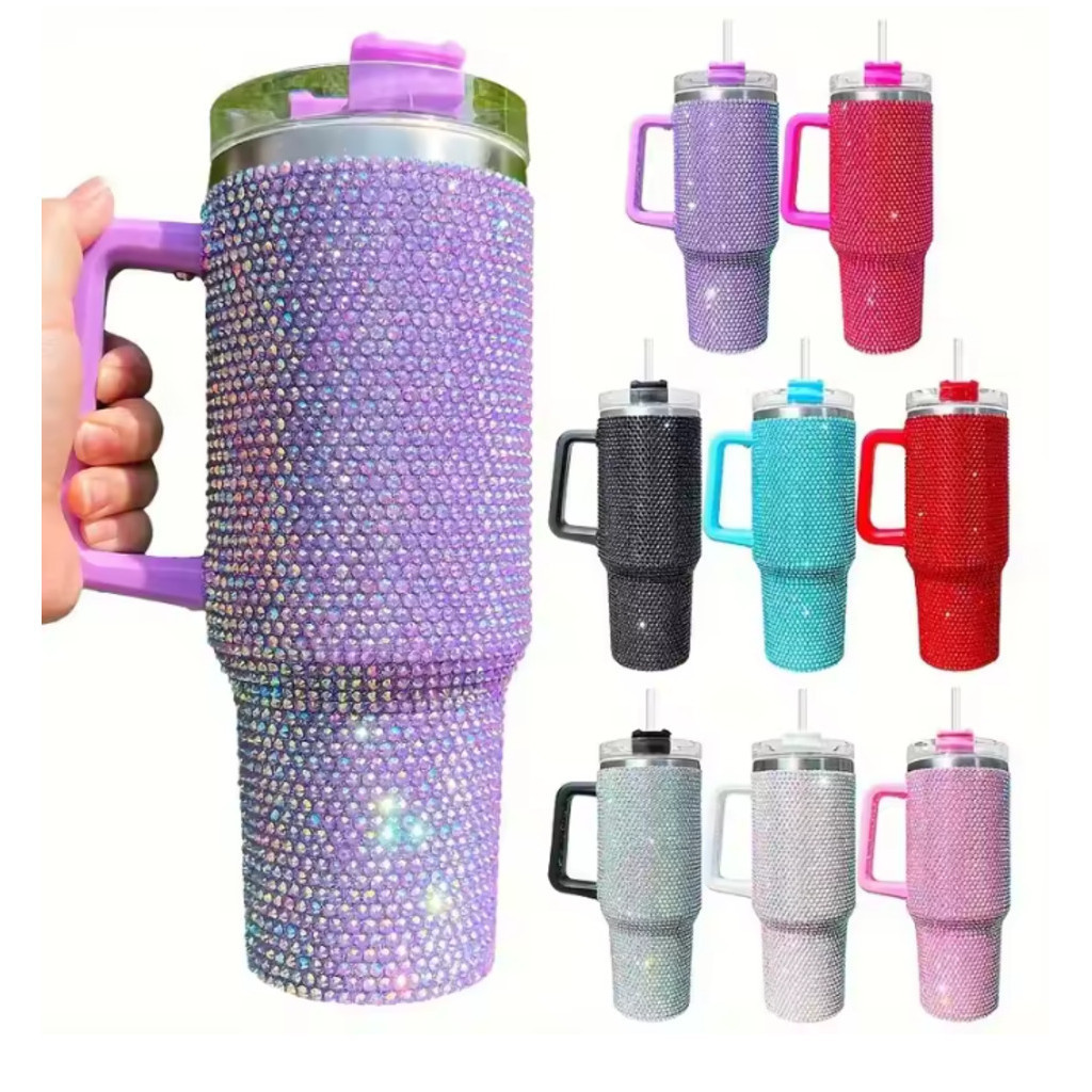 Copo Térmico 1200ml de Aço Inoxidável Strass Brilhante Com Tampa e Canudo