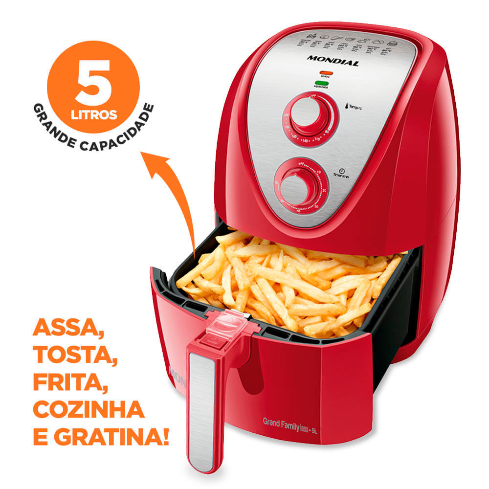 Detalhes do Fritadeira Elétrica Air Fryer Mondial Grand Family Inox AFN-50-RI 5L Vermelha - 220V