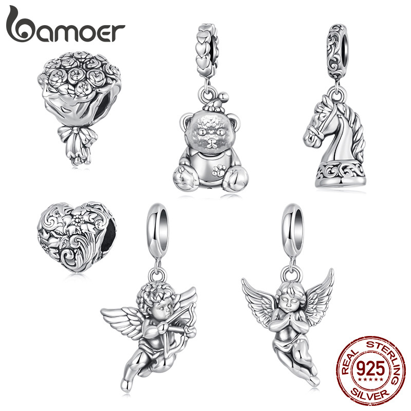 Bamoer 925 Prata Esterlina Charme Anjo Cupido Xadrez Pingente DIY Para Pulseira Presentes Mulher