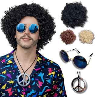 Peruca Hippie Afro Retrô colar e óculos festa anos 50 60 70 em Oferta na Shopee