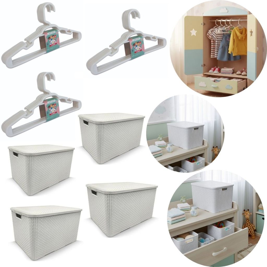 4 Caixa Organizadora 7 L Rattan + 15 Cabide Infantil Branco