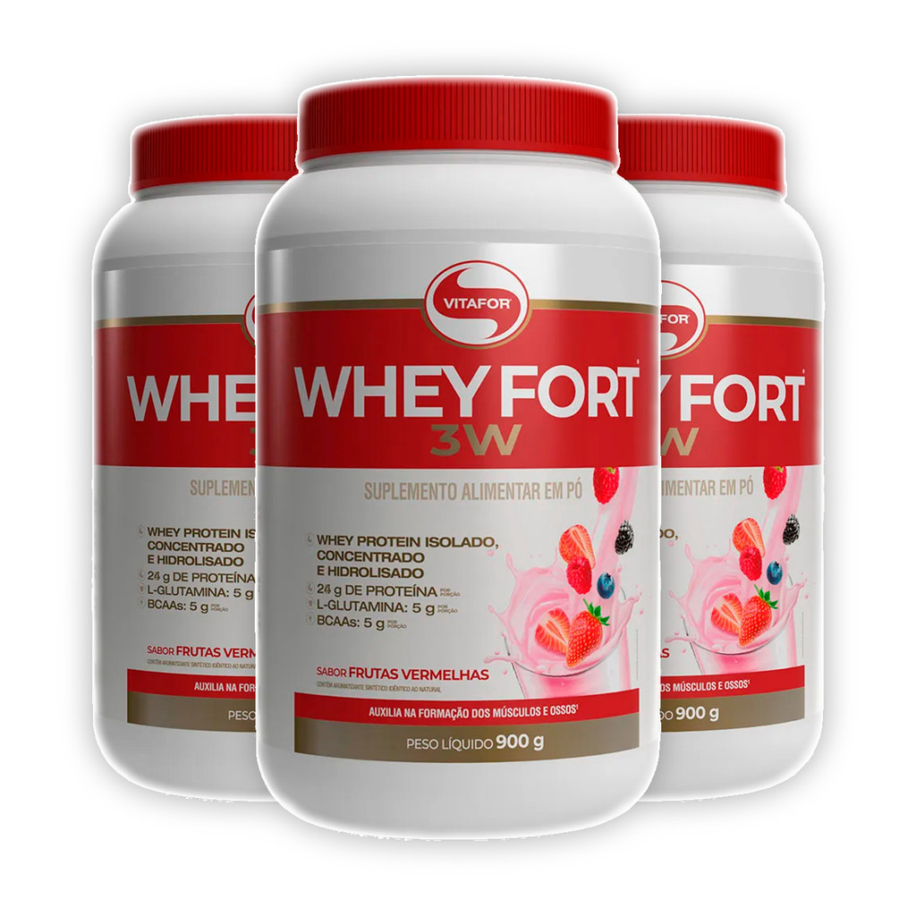 Whey Fort 3W: Hidrolisado - Frutas Vermelhas Vitafor | KIT 3