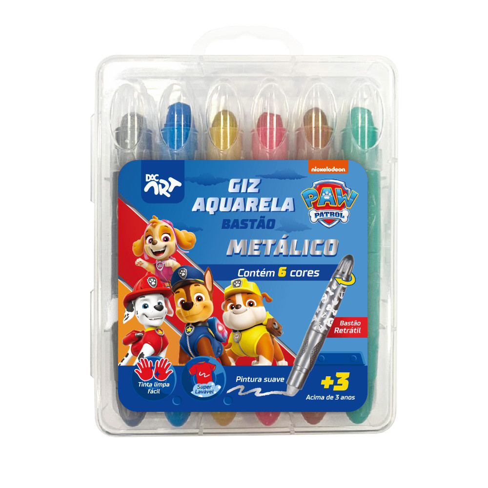 Giz Aquarela Metálico Retrátil Patrulha Canina 6 Cores Giz que Não Quebra Resistente