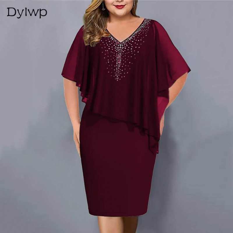 Feminino Sexy Decote Em V Vestido De Festa Verão Manga Curta Strass Decoração Banquete Bodycon Plus Size