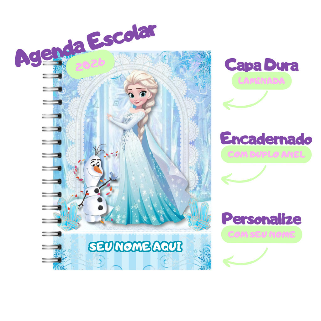 Agenda 2026 Personalizada com Nome • Frozen • A5 • 1 Dia por Página • Miolo Colorido • 326 Páginas