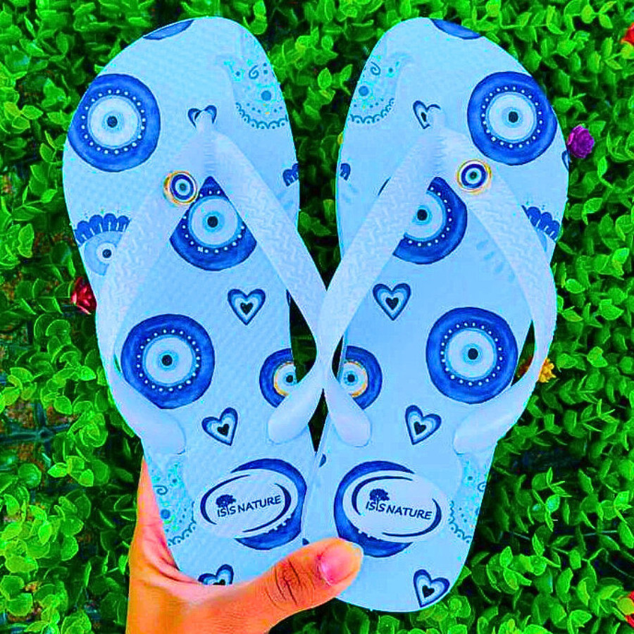 Chinelo Feminino Olho Grego Proteção Boa Sorte Hamsá Azul em Oferta na Shopee