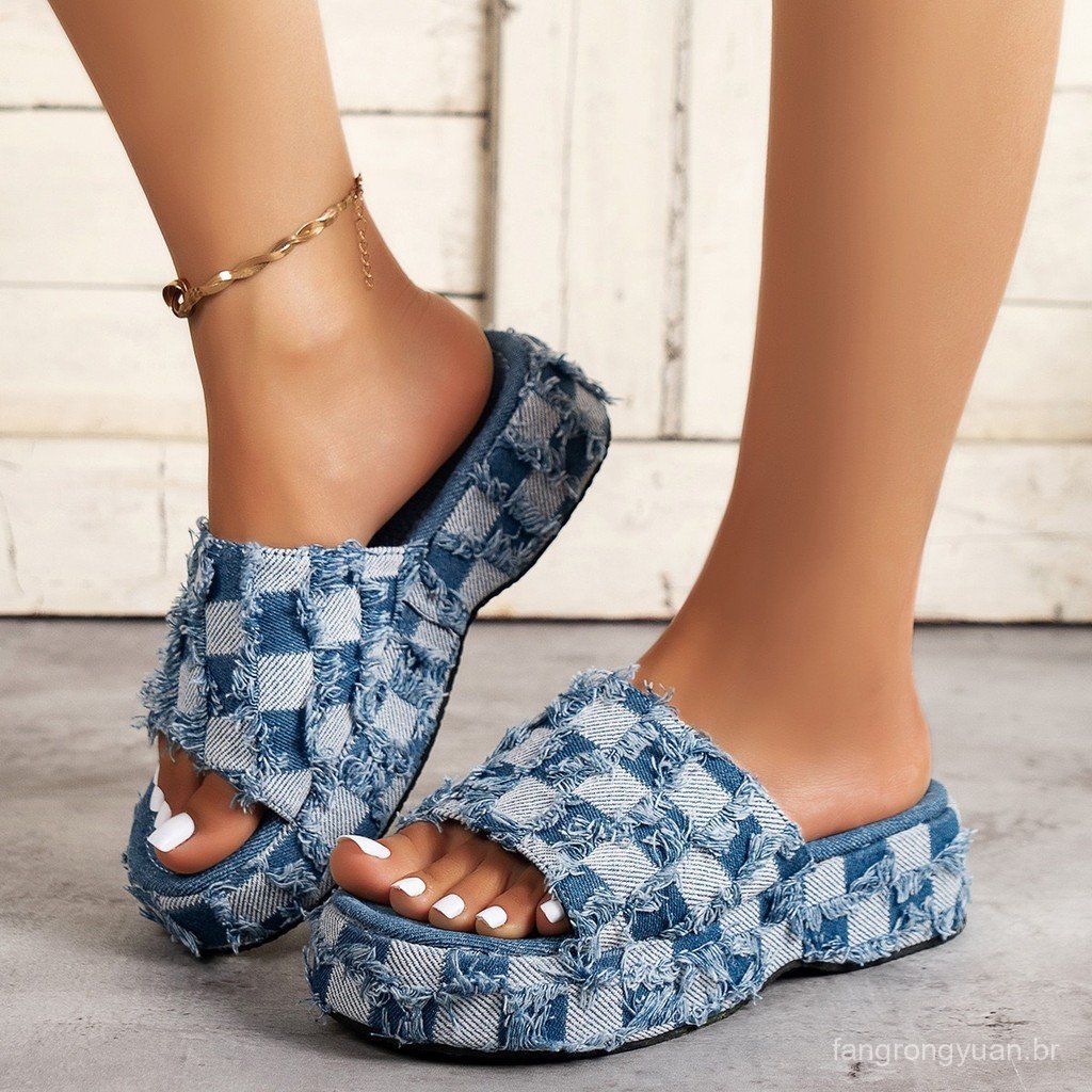 Chinelos de sola grossa de tamanho grande feminino lã jeans xadrez cor combinando sandálias Muffin chinelos plataforma.