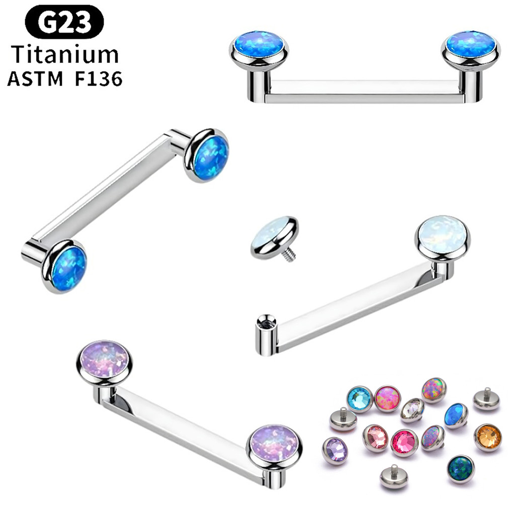 Brincos de piercing de zircônia + opala com rosca interna de dupla extremidade em titânio G23, joias de titânio implanta