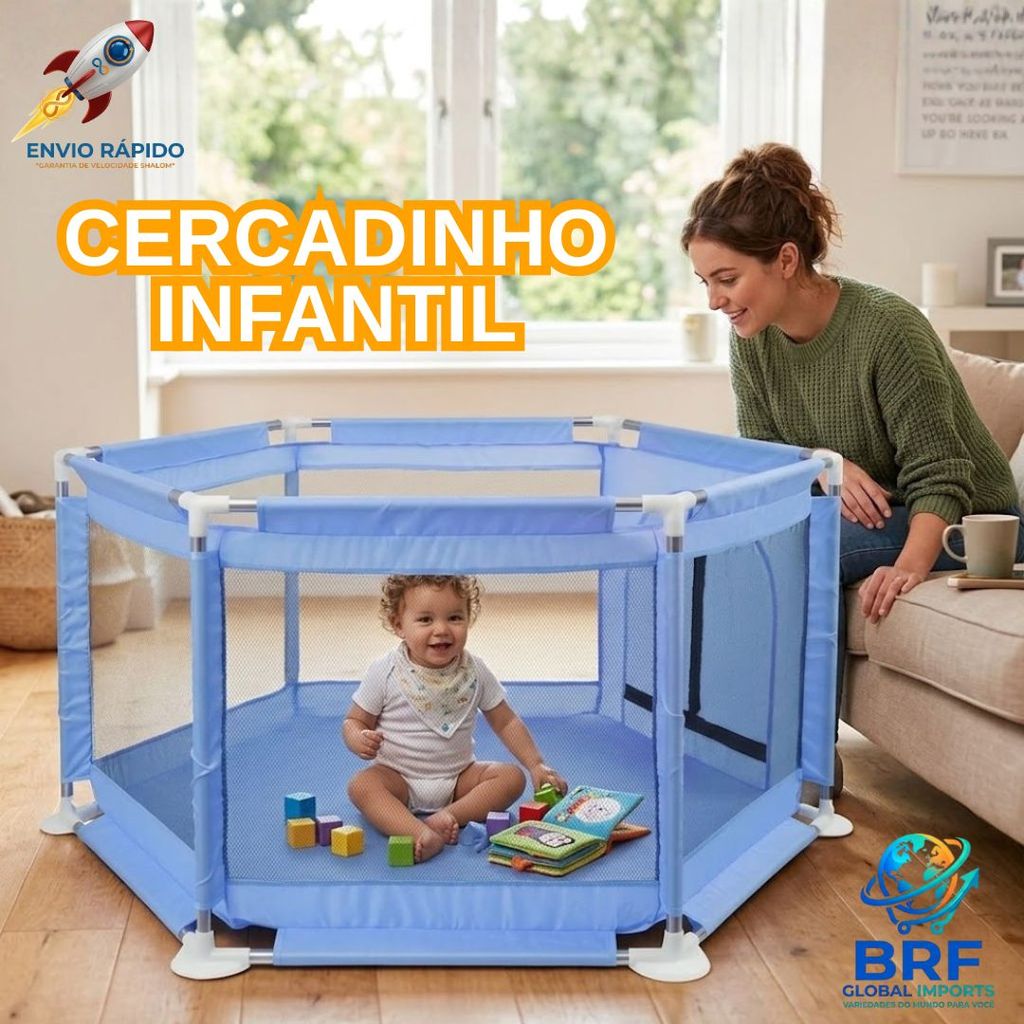Cercadinho Chiqueirinho Infantil Hexagonal Desmontável – Bebês Para Brincar Azul e Rosa Visão 360º Com Ziper de Acesso