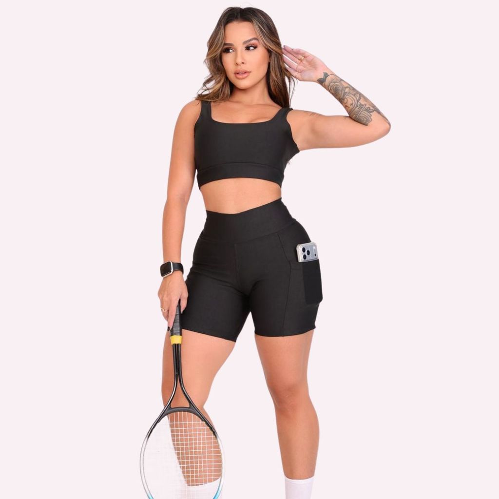 Conjunto Fitness Feminino Premium Top + Short com Bolso Alta Compressão Academia