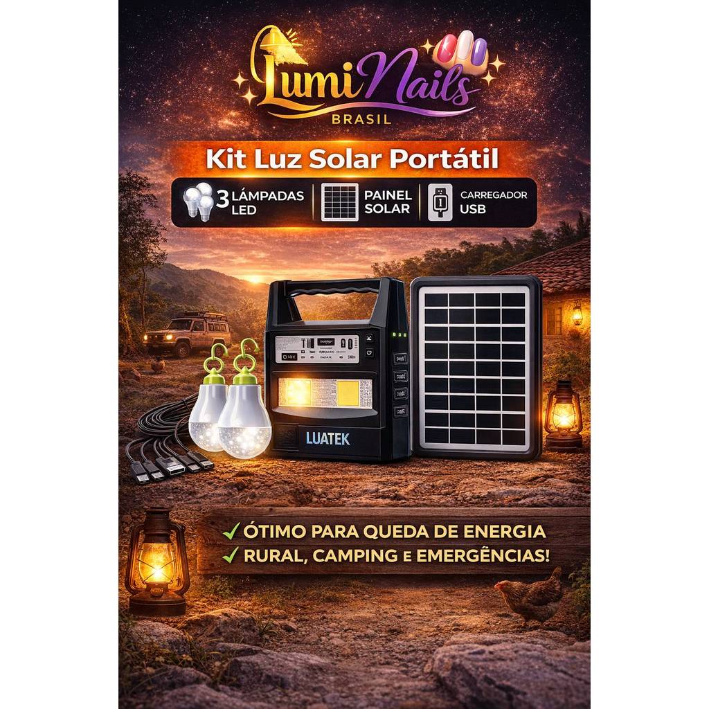 Kit Luz Solar Portátil 3 Lâmpadas LED Painel Solar Carregador USB Lanterna Rádio Emergência Camping