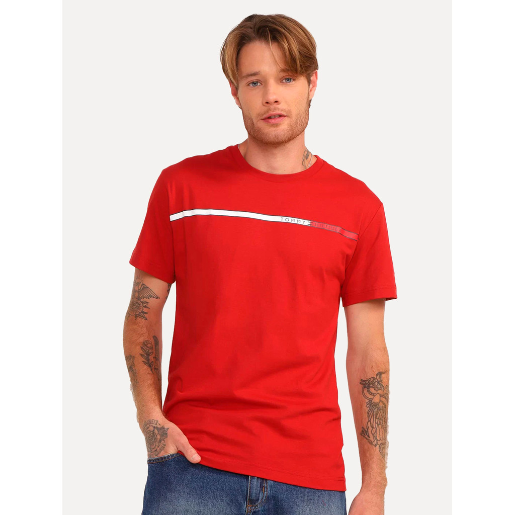 Camiseta Tommy Hilfiger Original Original Masculina Chest Stripe Vermelha