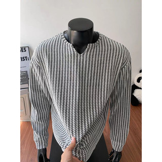 Outono texturizado pequeno decote em V manga comprida camiseta masculina leve estilo preguiçoso americano moletom High-E