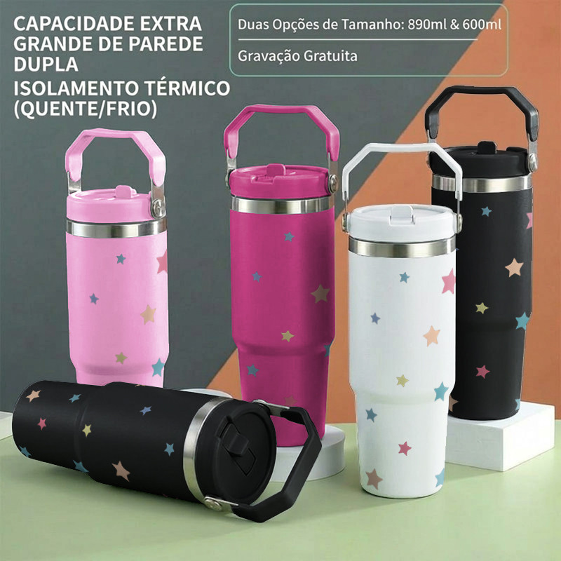 Estrela Impressão Uso Doméstico Viagem Portátil Grande Capacidade Copo Térmico De Aço Inoxidável Com Canudo Alça