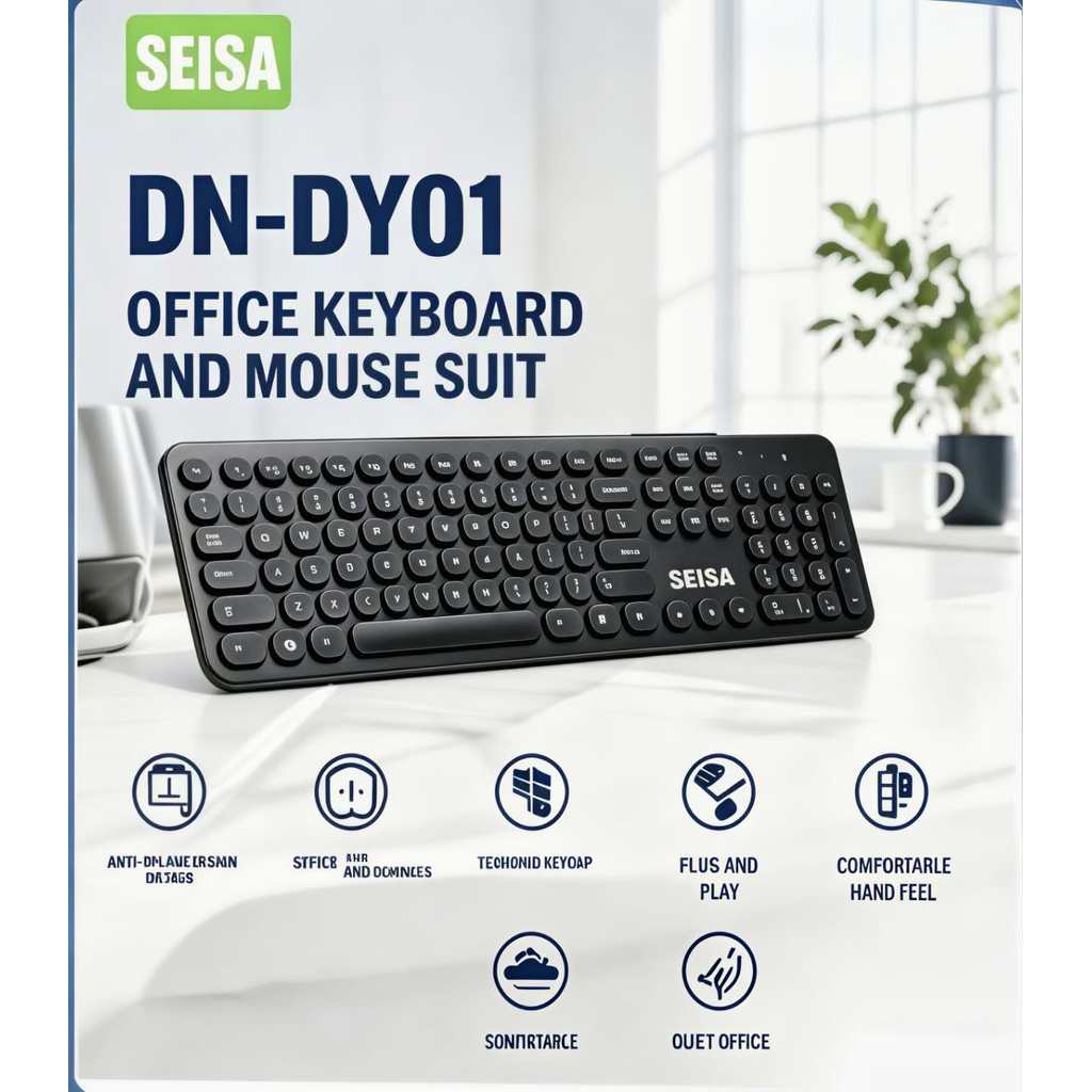 Kit Teclado e Mouse com Fio SEISA DN-DY01 - Silencioso, Ergonômico e Plug & Play para Escritório e Home Office