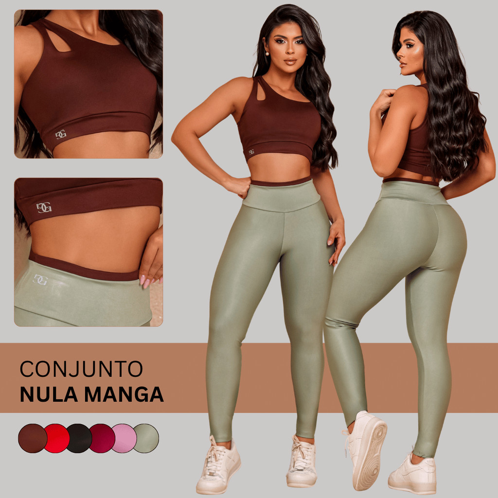Conjunto de Academia Feminino Top Nula Manga Calça Zero Transparência Moda Fitness