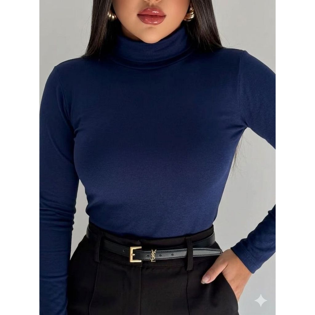 Blusa Feminina Cacharrel Manga Longa Gola Alta Suplex Poliamida Inverno Moda Básica Casual Trabalho